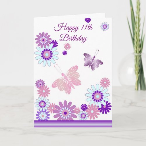 Butterfly And Flowers Personalised 11th Birthday Card