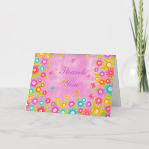 Butterfly and flowers pink wash thank you card