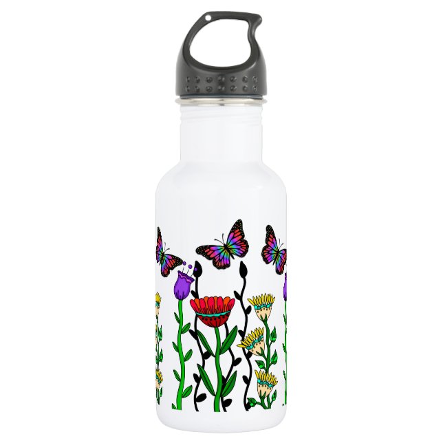 Butterfly and Flowers Pretty Art Stainless Steel Water Bottle (Front)