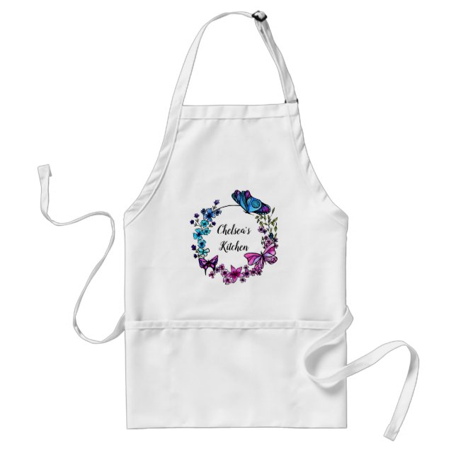 Butterfly and Flowers Wreath custom name Adult Apron (Front)