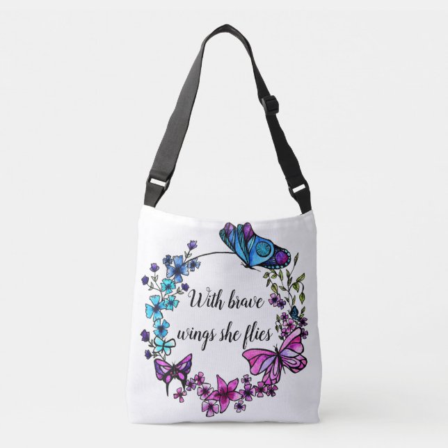 Butterfly and Flowers Wreath custom quote or name Crossbody Bag (Front)