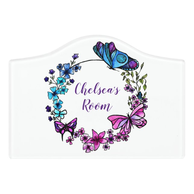 Butterfly and Flowers Wreath custom quote or name Door Sign (Small Crest Front)