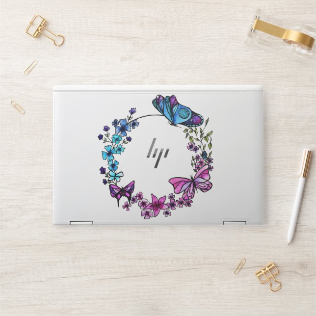 Butterfly and Flowers Wreath custom quote or name HP Laptop Skin (Desk)