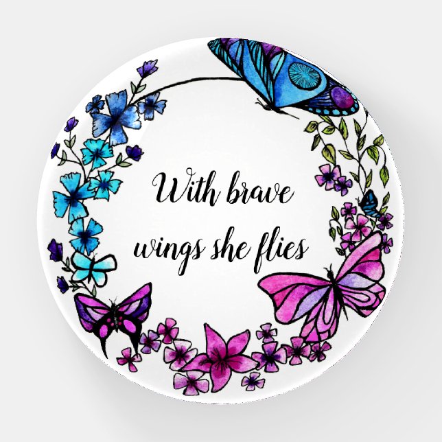 Butterfly and Flowers Wreath custom quote or name Paperweight (Front)