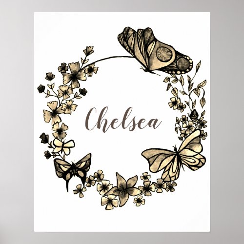 Butterfly and Flowers Wreath sepia theme and name Poster
