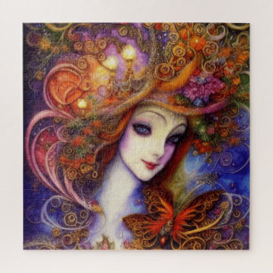 Butterfly And Garden Goddess In Watercolor Blues Jigsaw Puzzle