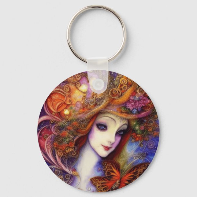 Butterfly And Garden Goddess In Watercolor Blues Keychain (Front)