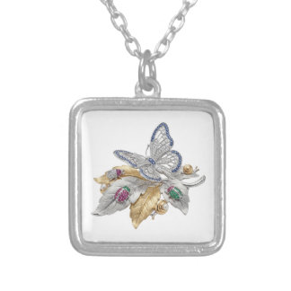Butterfly and gem insects on leaf silver plated necklace