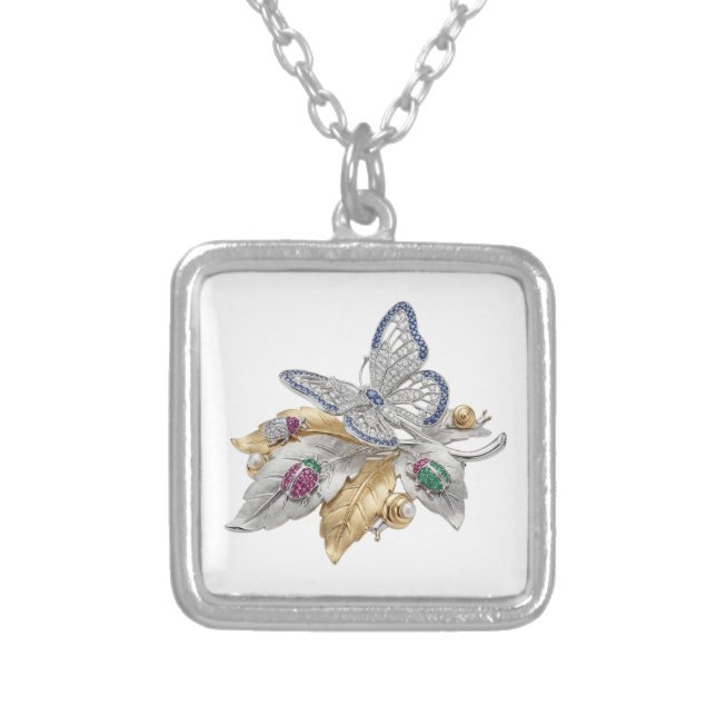 Butterfly and gem insects on leaf silver plated necklace (Front)
