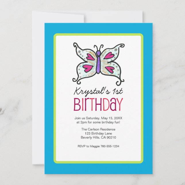 Butterfly and Hearts Birthday Party Invitaitons Invitation (Front)