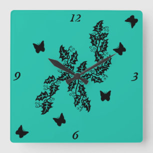Butterfly and Ivy Leaves on Green Square Wall Clock