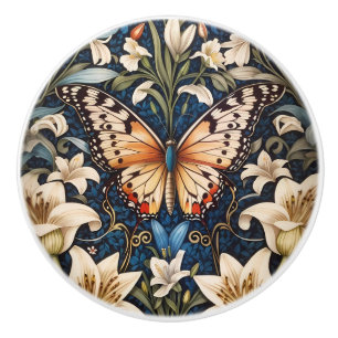 Butterfly and Lilies Botanical Ceramic Knob