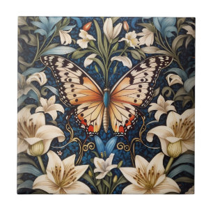 Butterfly and Lilies Botanical Ceramic Tile