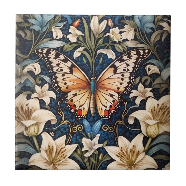 Butterfly and Lilies Botanical Ceramic Tile (Front)