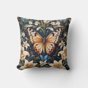 Butterfly and Lilies Botanical Throw Pillow