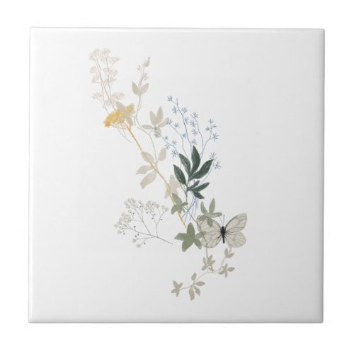 Butterfly and Meadow Flowers Ceramic Tile