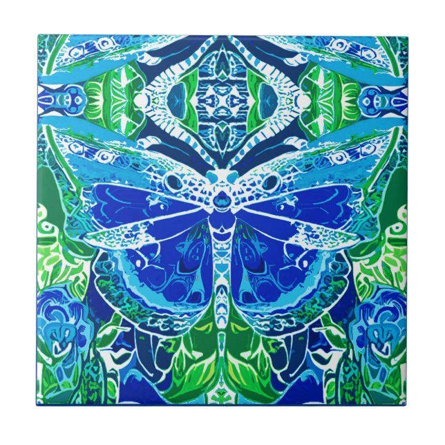 Butterfly and Medallion Batik Pattern in Blue Ceramic Tile (Front)