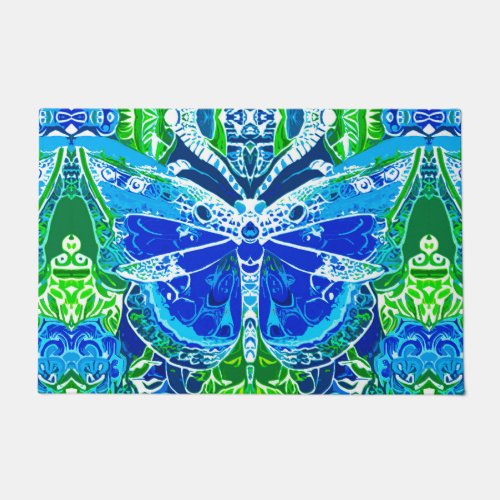 Butterfly and Medallion Batik Pattern in Blue Doormat