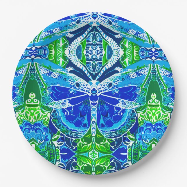Butterfly and Medallion Batik Pattern in Blue Paper Plates (Front)