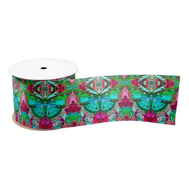 Butterfly and Medallion Batik Pattern in Turquoise Satin Ribbon (Spool)