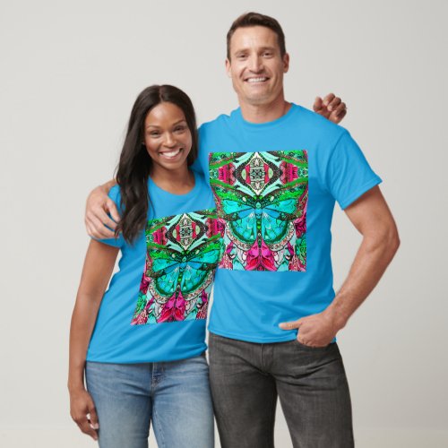 Butterfly and Medallion Batik Pattern in Turquoise T_Shirt