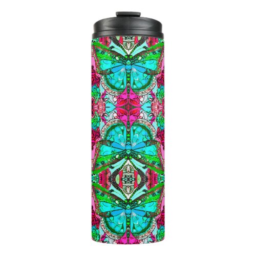 Butterfly and Medallion Batik Pattern in Turquoise Thermal Tumbler