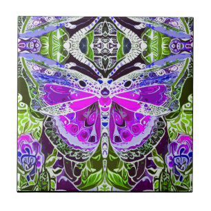 Butterfly and Medallion Batik Pattern in Violet Ceramic Tile