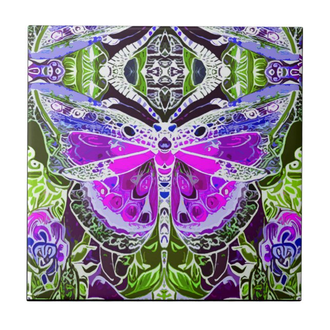 Butterfly and Medallion Batik Pattern in Violet  Ceramic Tile (Front)