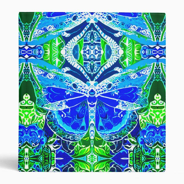 Butterfly and Medallion Pattern in Blue and Green  3 Ring Binder (Front)