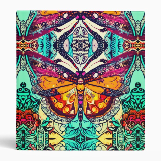 Butterfly and Medallion Pattern in Orange and Aqua 3 Ring Binder (Front)