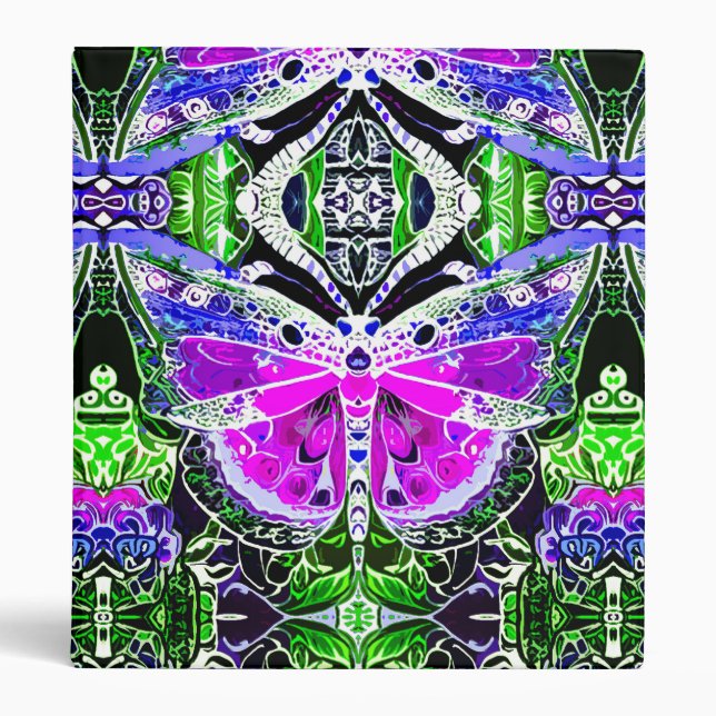 Butterfly and Medallion Pattern in Violet & Green 3 Ring Binder (Front)