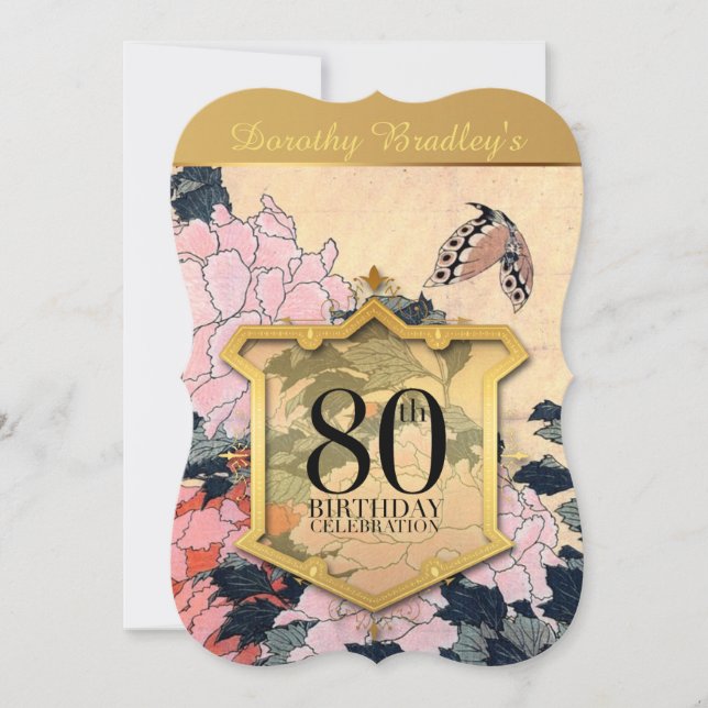 Butterfly and Peonies 80th Birthday Celebration Invitation (Front)