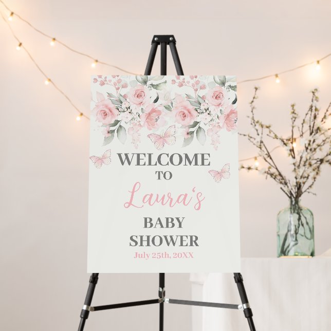 Butterfly and pink Floral Baby Shower Welcome sign (In Situ (Stand))