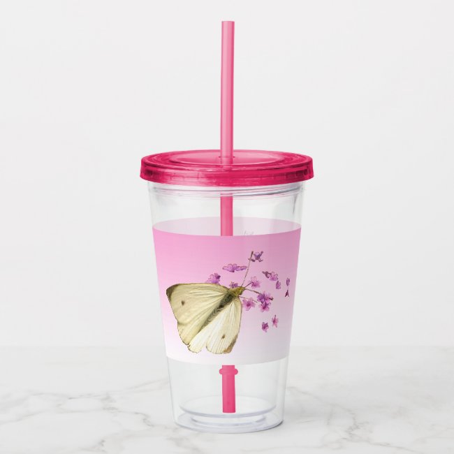 Butterfly and Pink Flowers Floral Acrylic Tumbler