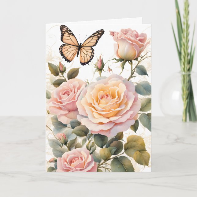Butterfly and Pink Roses Birthday Card (Front)