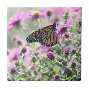 Butterfly and Purple Meadow Flowers Ceramic Tile