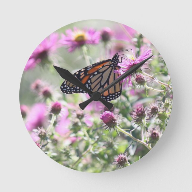 Butterfly and Purple Meadow Flowers Round Clock (Front)