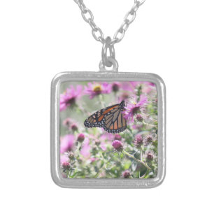 Butterfly and Purple Meadow Flowers Silver Plated Necklace