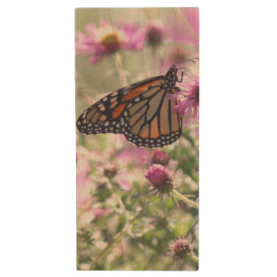 Butterfly and Purple Meadow Flowers Wood Flash Drive