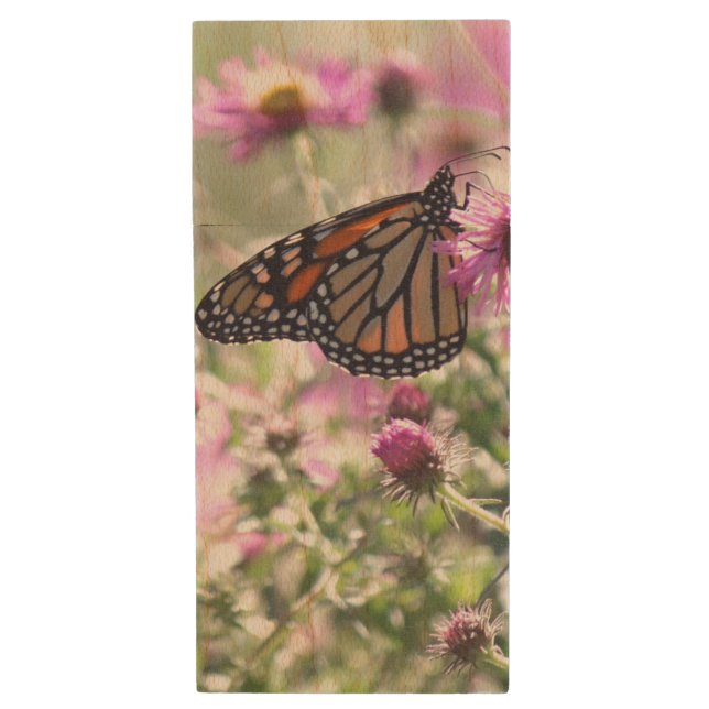 Butterfly and Purple Meadow Flowers Wood Flash Drive (Front Vertical)
