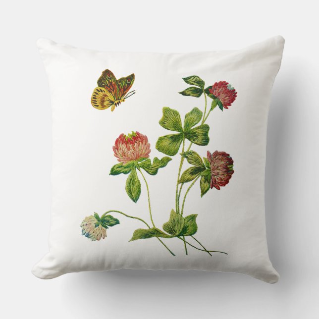Butterfly and Red Clover Faux Embroidery Pillow (Front)