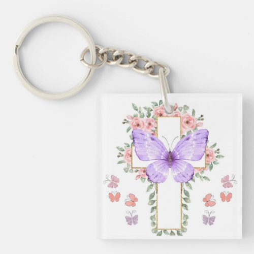 Butterfly and roses Christian cross floral keyring
