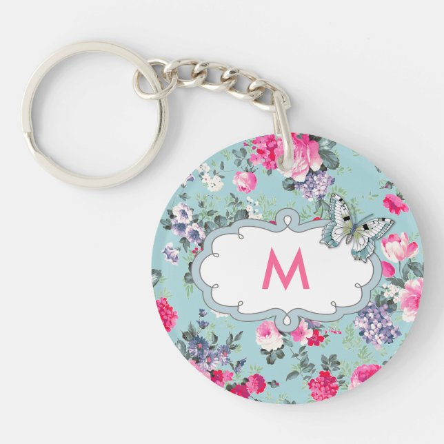 Butterfly and Roses Custom Monogram Gift Keychain (Front)