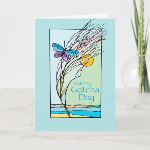 Butterfly and Sun Gotcha Day Adoption Teal Card