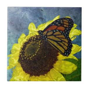 Butterfly and Sunflower Blue Background Ceramic Tile