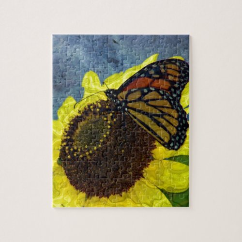 Butterfly and Sunflower Blue Background Jigsaw Puzzle