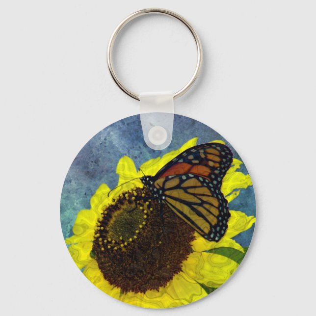 Butterfly and Sunflower Blue Background Keychain (Front)
