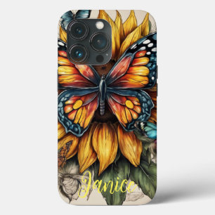 Butterfly and Sunflower Monogram iPhone 13 Pro Case