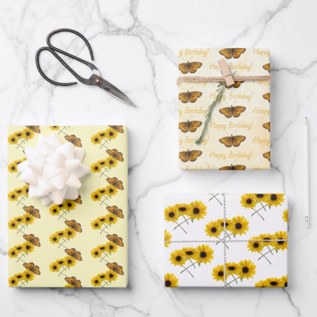 Butterfly and Sunflower Patterns Personalized Wrapping Paper Sheets (Front)