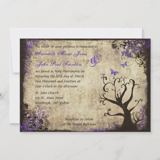 Butterfly and Tree Vintage Wedding Invitation (Front)